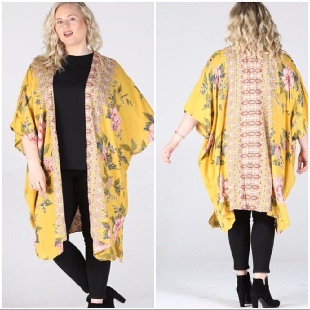 WOMEN’S plus yellow boho floral print kimono